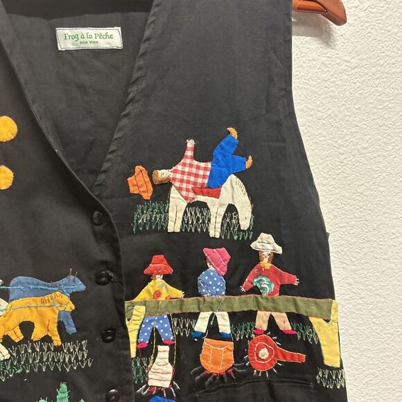 Vintage Handmade Folk Applique Frog A La Peche Cowgirl Vest Embroidered Medium - Picture 3 of 11